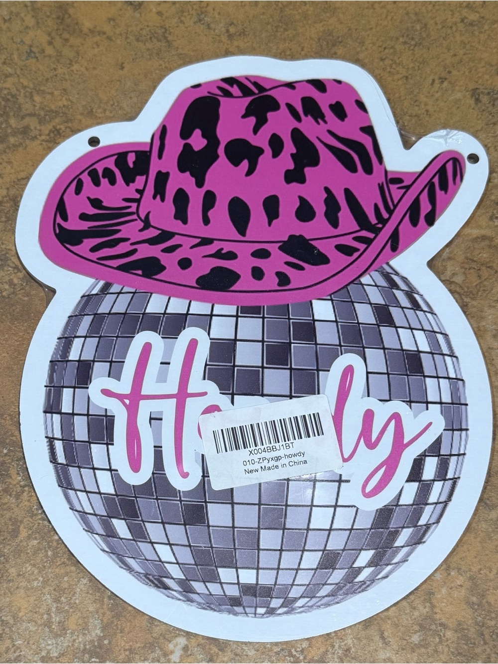Pink Leopard Cowboy Hat Disco Ball "Howdy" Door Hanger - Picture 4 of 5